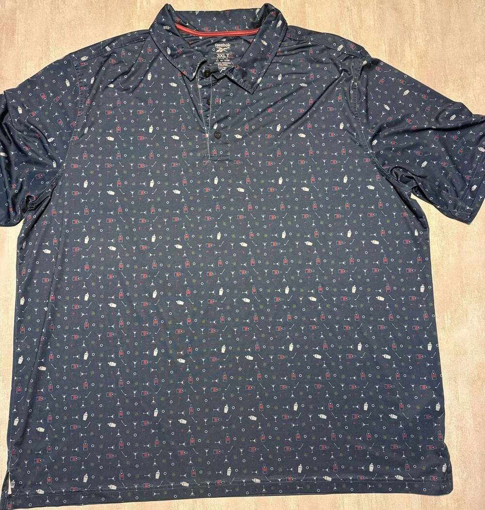Reebok Golf Speedwick Men's 3XLT Polo Shirt Navy Blue Cocktail & Golf Print
